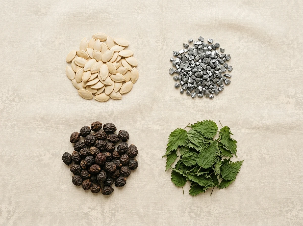 Natural zinc and plant-based ingredients including pumpkin seeds and saw palmetto for men's wellness capsules