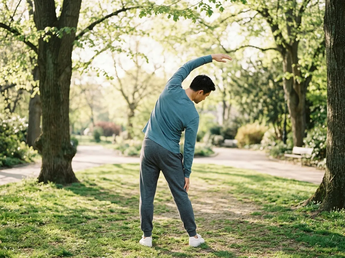 Anonymous man stretching in a park as part of men's daily wellness routine after 50