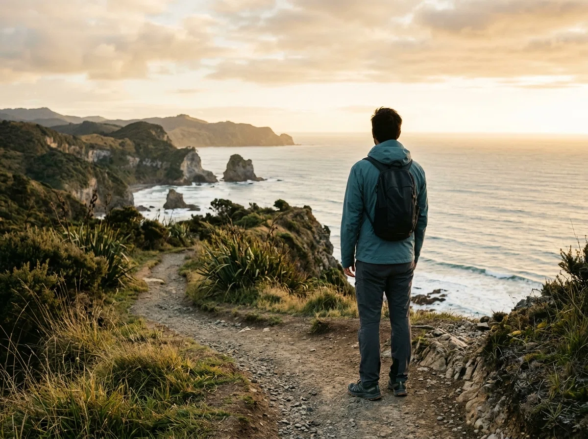 Man on a coastal walking trail, viewed from behind, enjoying active lifestyle in New Zealand
