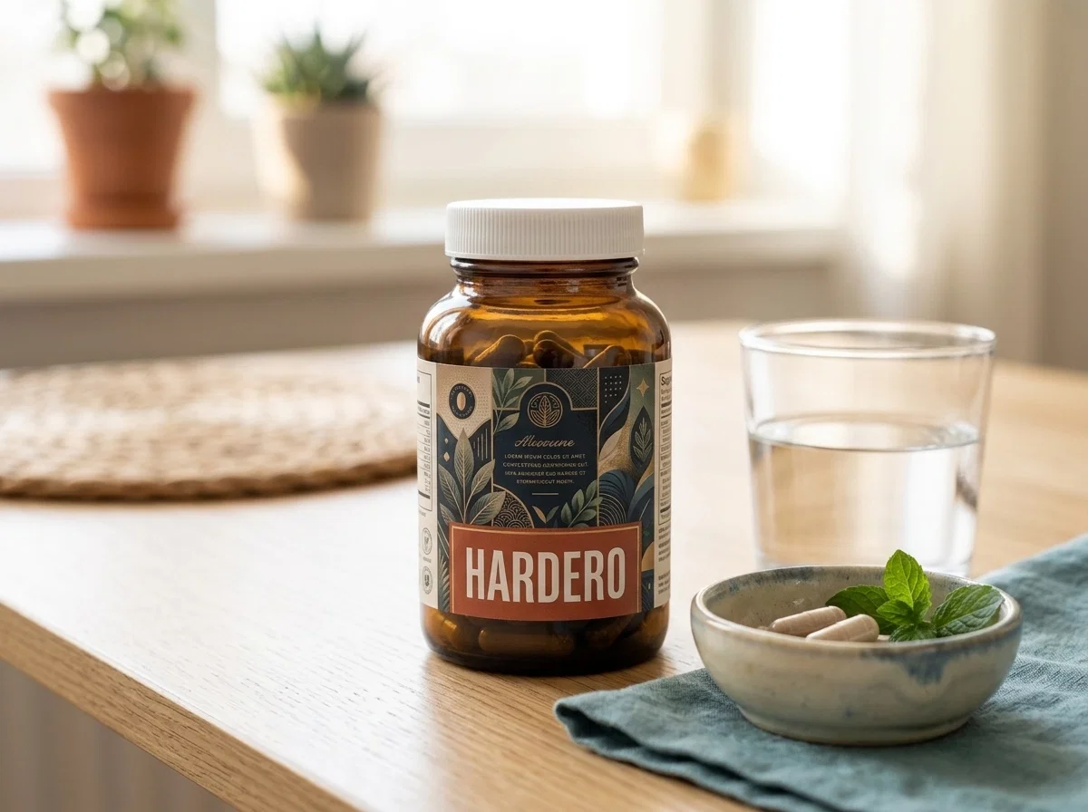 Hardero supplement bottle beside a glass of water - plant-based men's wellness capsules